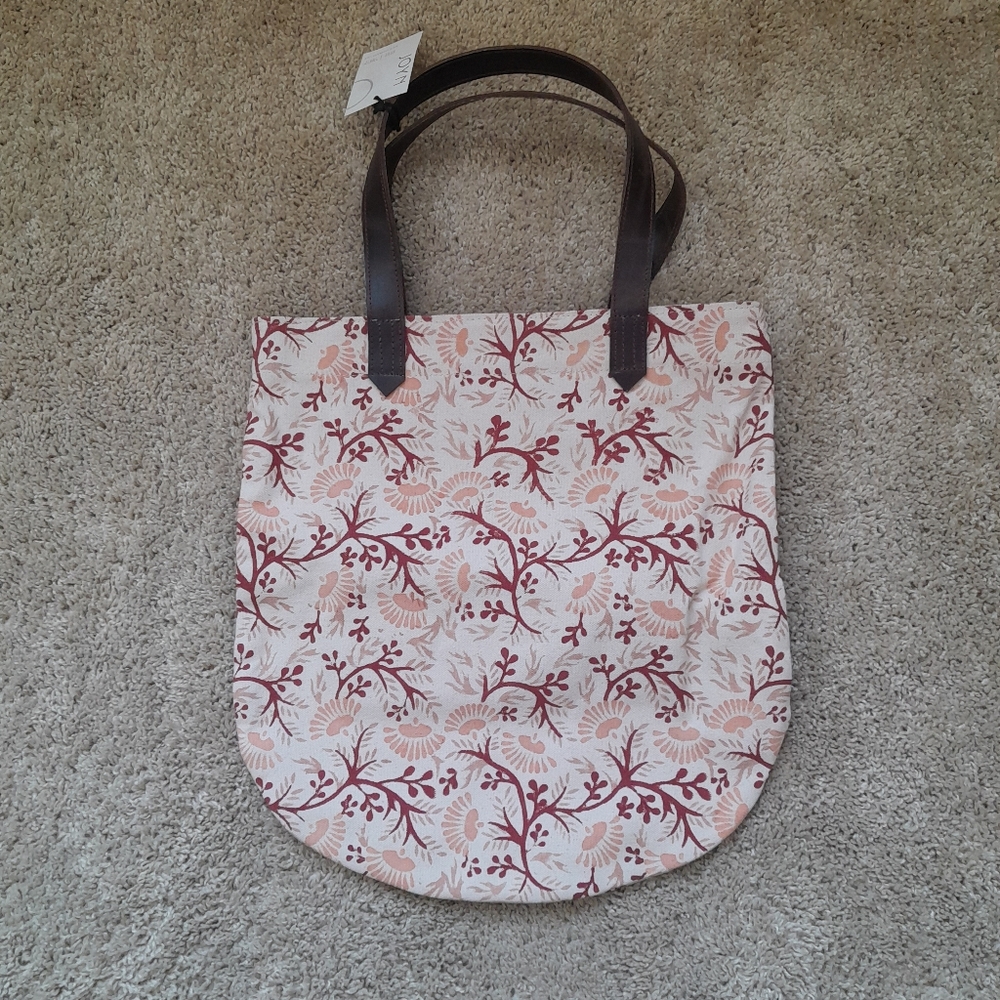 NWT Joyn Chaya Lotus Print Floral Canvas Tote Bag with Brown Leather Handles